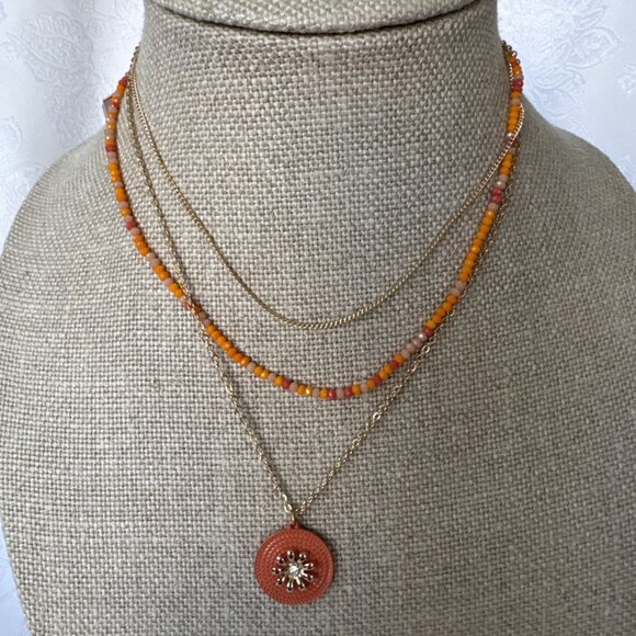 Isaac Mizrahi Orange Gold Layered 3 Chain Statement Necklace 10,5" Drop NEW - Picture 3 of 9